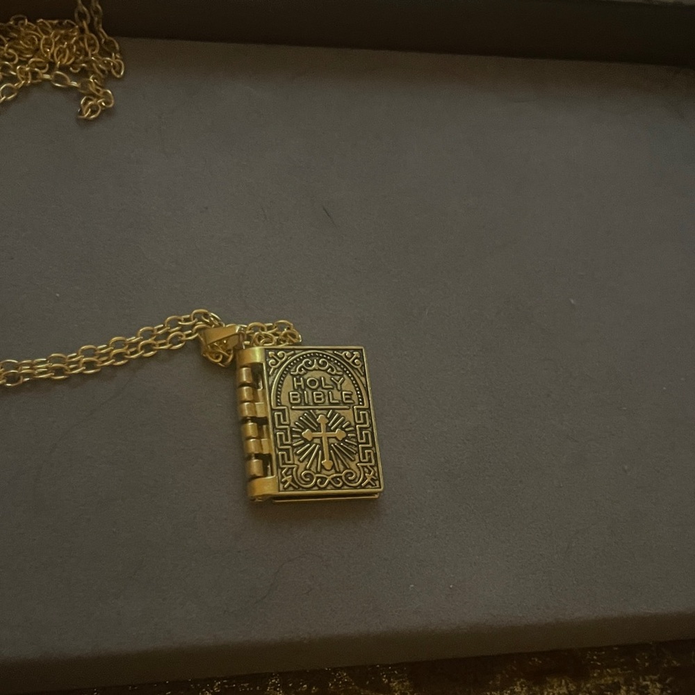 Gold Holy Bible Pendant Necklace W/ sweater length long chain open to scriptures